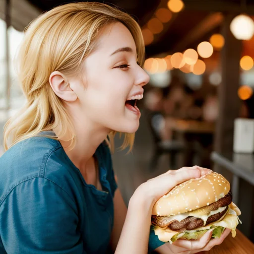 Woman, Centered, Eating A Hamburger, Two Hands, Loraeatingbu...
