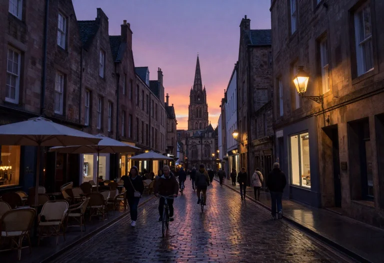Cinematic Wide Shot Of A Historic European Cobblestone Stree...