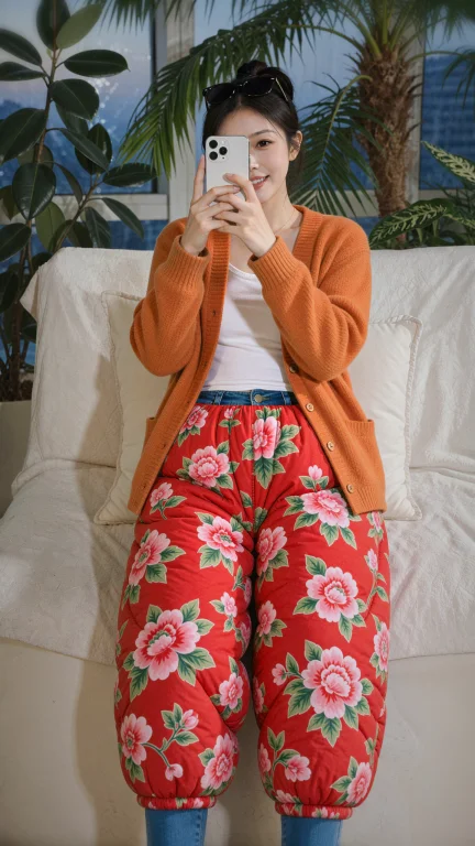 请给画面中的女人穿上东北大花棉裤，特别肥厚那种，大红色底粉红...