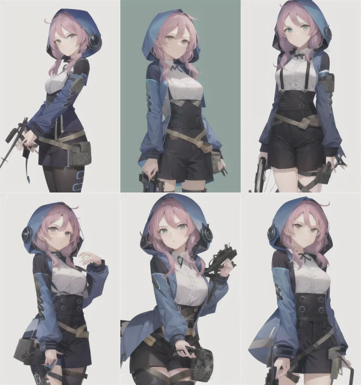 1girl,blue Poison, Cowboyshot, Crossbow, Hood