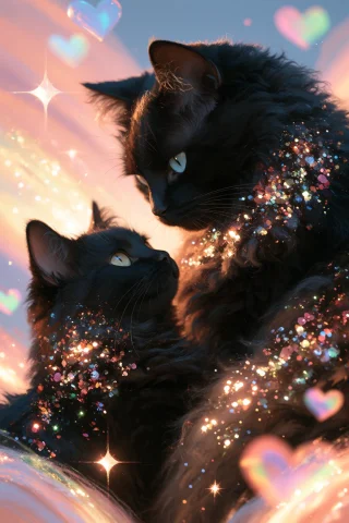Midjourney A Digital Illustration Of Two Fluffy Black Cats I... — Stable Diffusion AI Prompt: midjourney a digital illustration of two fluffy black cats in a warm, glittery e...