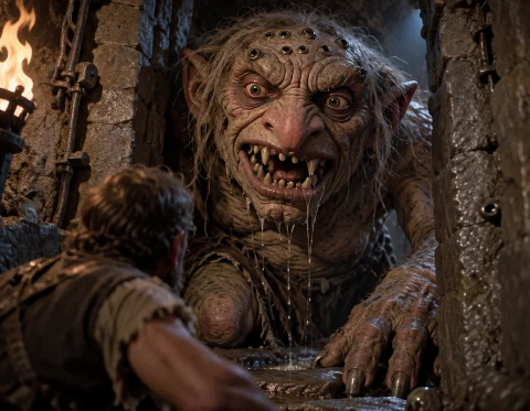 Lorakreapracticalfantasy1a Cave Troll Squeezing Through A Na... — Stable Diffusion AI Prompt: A cave troll squeezing through a narrow stone doorway, enormous practical animat...