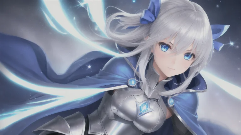 1girl, Blue Cape, Silver Armor, Silver Hair, Hair Ribbon, Bl...