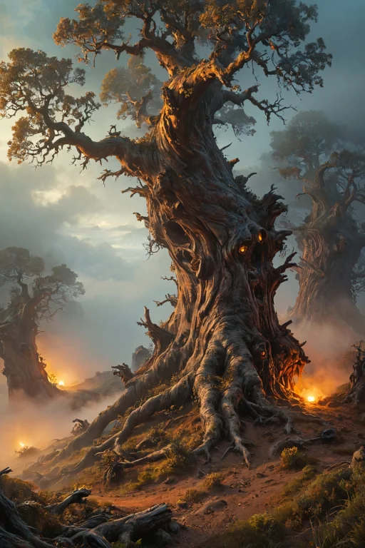 Old Spooky Gnarled Tree, Fog, Mist, Enchanting Landscape In...