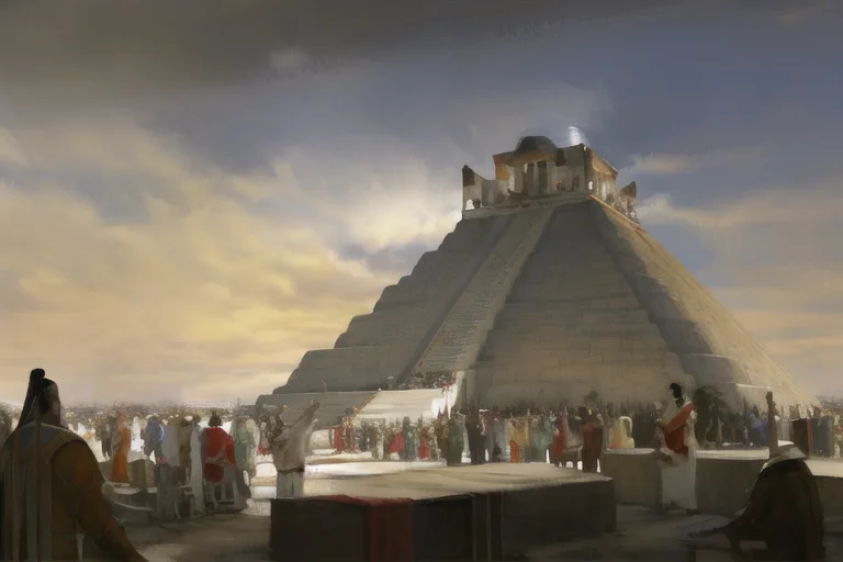 A Painting Of A Man Standing On A Pyramid In The Sky With A...