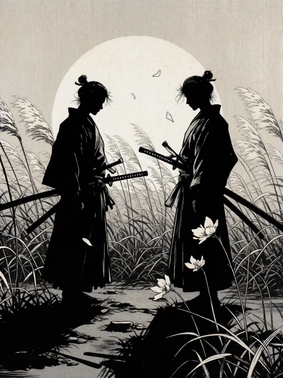 A Black And White Digital Illustration In A Japanese Woodblo...