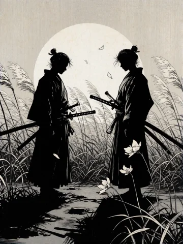 A Black And White Digital Illustration In A Japanese Woodblo... — Stable Diffusion AI Prompt: a black and white digital illustration in a Japanese woodblock print style. Two...