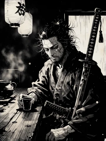 A Black And White Digital Illustration In A Moody Ink Style.... — Stable Diffusion AI Prompt: a black and white digital illustration in a moody ink style. A scarred ronin sit...