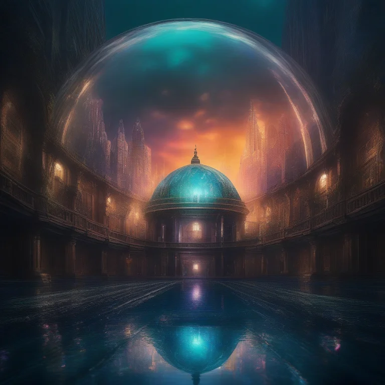 An Underwater Dome City Glowing In The Deep, Symmetrical Com...
