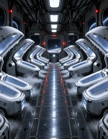 3d3n Sh1p, Photorealistic, Frontal View Of A Cryo-sleep Bay... — SDXL AI Prompt: 3d3n sh1p, photorealistic, frontal view of a cryo-sleep bay in a realistic human...