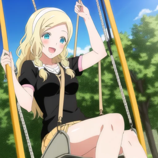 1girl, Carol, Swinging On A Swing, Happy, Eyelashesblond