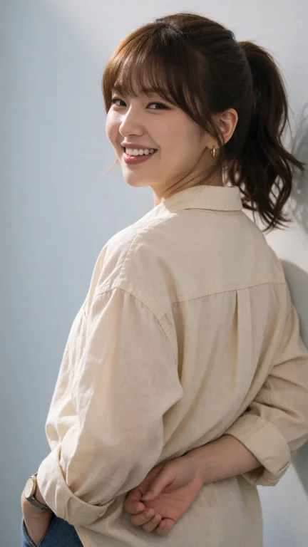 00h5unhy3, Wearing An Off-white Shirt, She Has Pony Tail Hai...