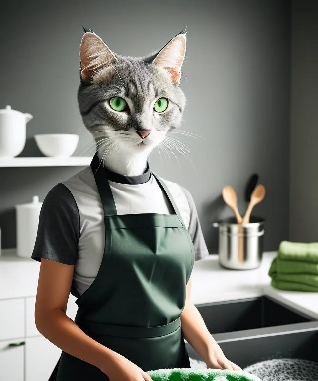 Portrait, Professional Shot, Anthropomorphic Female Gray Cat...