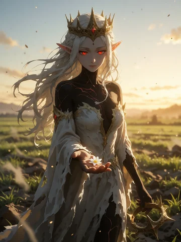 Hopeful Semi-anime Scene At Full Sunrise, An Elven Queen Sta... — Stable Diffusion AI Prompt: Hopeful semi-anime scene at full sunrise, an elven queen standing in a field whe...