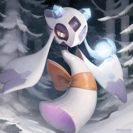 Froslass, Snowy Forest Background, Glowing Orange Eyes, Floa...
