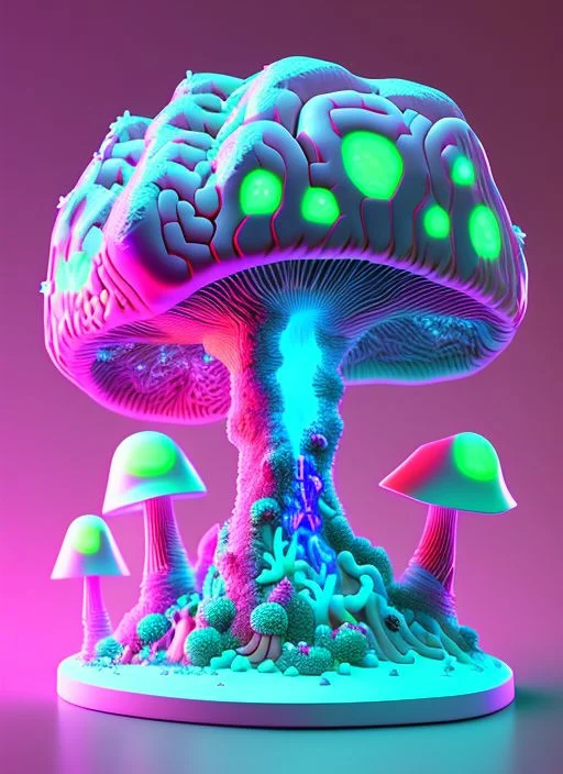 Neon Brain Mountain 3d Render Realistic, Glowing Mycelium Ne...