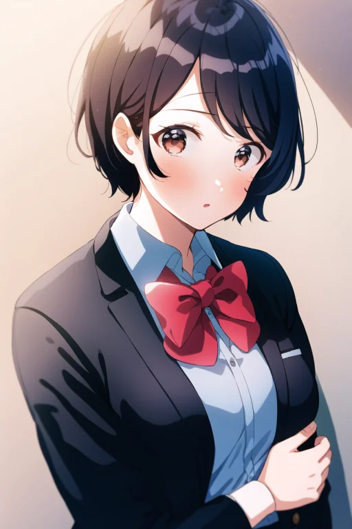 1girl, Short Hair, Calm, Cardigan, Bow Tie, Collared Shirt,...