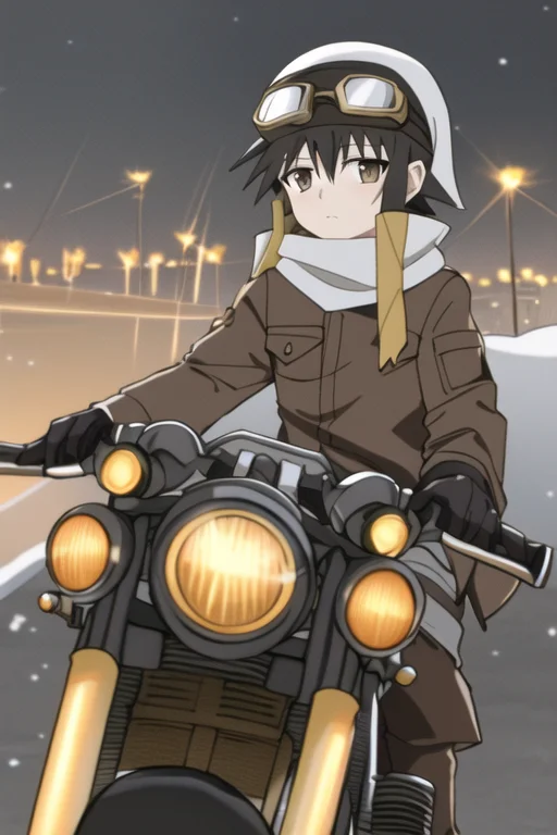 Kino, 1girl, Androgynous, Brown Hair, Goggles1.3, Riding A M...