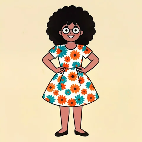 A Flat 2d Cartoon Illustration Of A Cheerful Woman With A Bi... — FLUX AI Prompt: A flat 2D cartoon illustration of a cheerful woman with a big curly afro and rou...