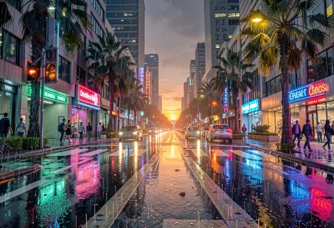 A City Crosswalk Shining After A Night Rain, Digital Paintin... — Stable Diffusion AI Prompt: a city crosswalk shining after a night rain, digital painting, neon lighting, sy...