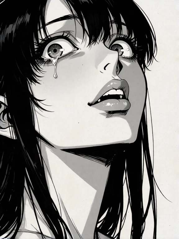 A Black And White Digital Drawing Of A Young Womans Shocked...