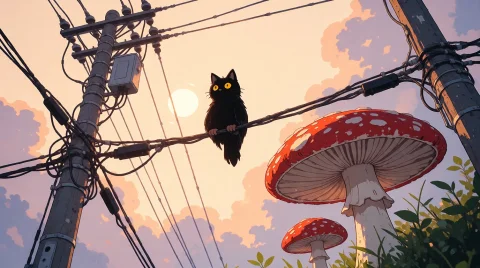 Nature, Zidiusart, A Grumpy Cartoon Owl Perched On Overhead... — Stable Diffusion AI Prompt: Nature, zidiusArt, A grumpy cartoon owl perched on overhead power lines, low-ang...