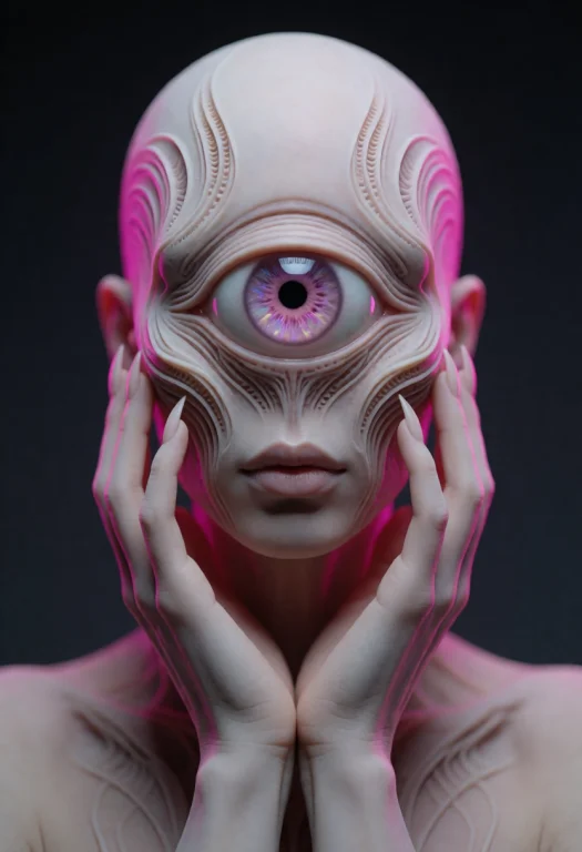 Surrealist Digital Sculpture, A Humanoid Figure With A Singu...