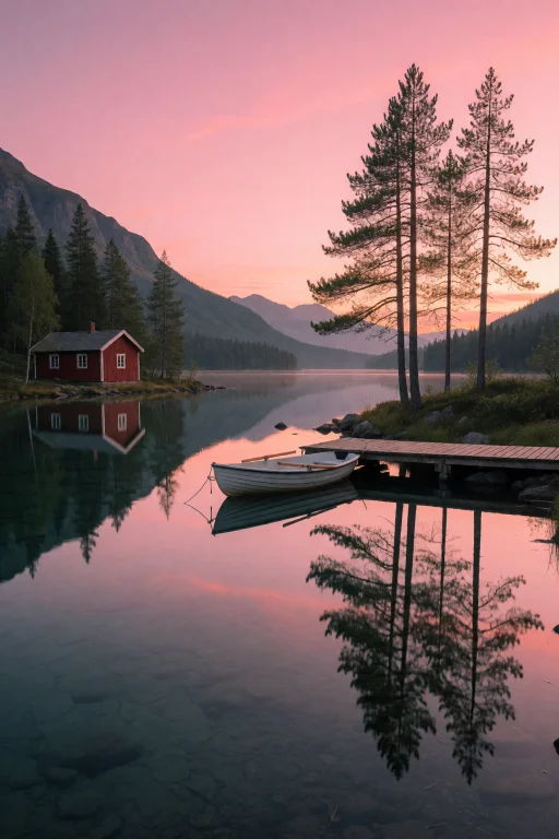 A Photograph Of A Red Wooden Cabin On The Left Shore Of A St...