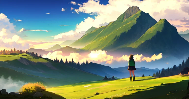 Landscape, Green Rolling Hills, 1girl, Standing To The Right...
