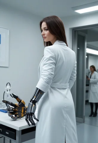 Sexy Curvy Futuristic Female Ripperdoc With Labcoat And Robo... — Stable Diffusion AI Prompt: Sexy curvy Futuristic female ripperdoc with labcoat and robotic limbs, from behi...