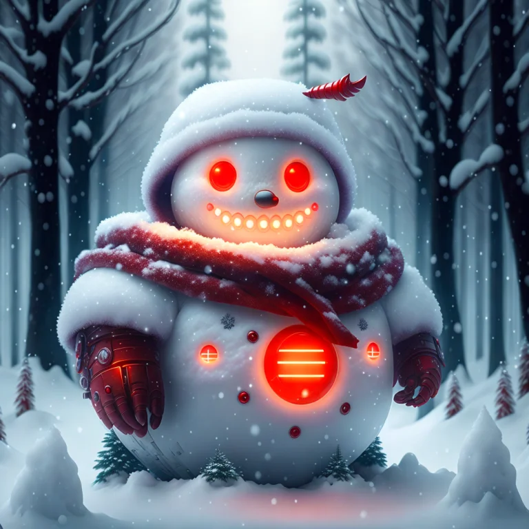 A Snowman, Half Made Out Of Cyborg Parts, With One Glowing R...