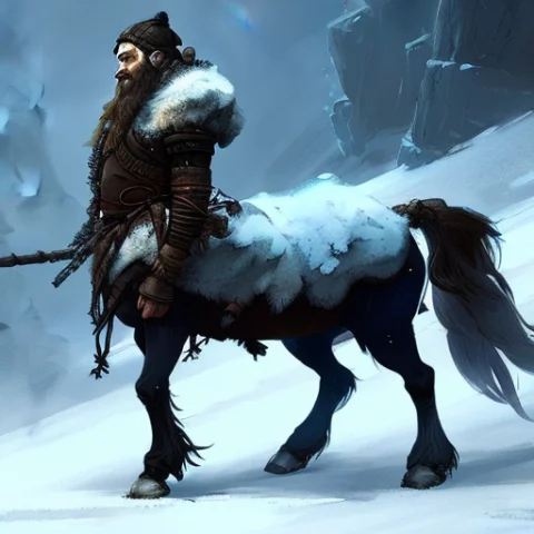 Long Shot Of Centaurperson Fantasy Frostpunk, Townsfolk, Sno... — Stable Diffusion AI Prompt: long shot of Centaur_Person Fantasy Frostpunk, Townsfolk, Snowy, concept art, br...
