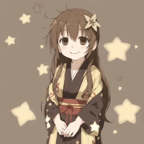 Loraavasjun07-03--tsukumizuyuu005-095--hamrifl09-011, Brown... — Stable Diffusion AI Prompt: , brown eyes, brown hair, character name, dress, kimono, long hair, smile, stars