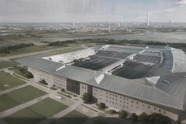 A Large Building With A Large Roof In A City Area With A Riv...