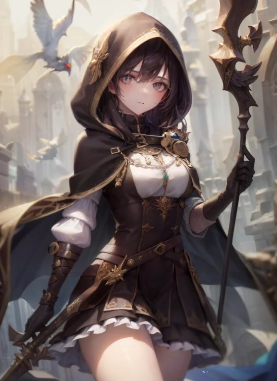 1girl,cleric,magic Staff,hood,extremely Detailed,looking At...