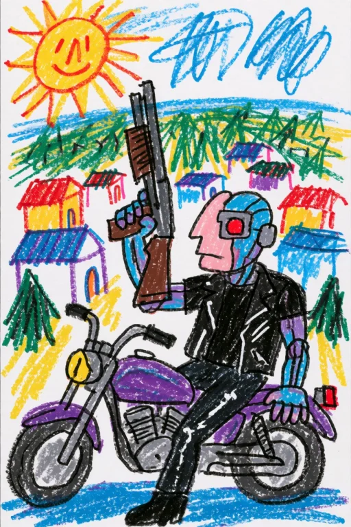 Childlike Crayon Drawing, Featuring A Sprawling, Whimsical T...
