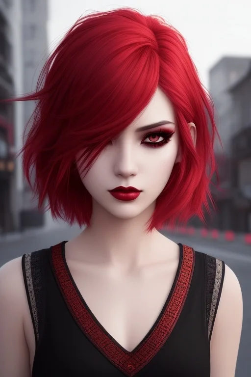 Beautiful Girl, Half Body Portrait, Short Bright Red Disheve...