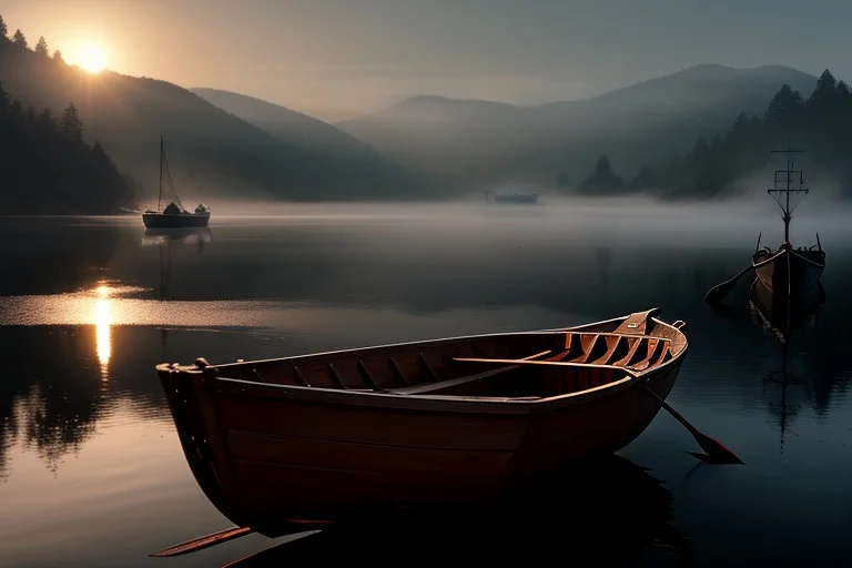 A Rowboat Tied At A Foggy Wooden Dock, Stylized 3d Render, 8...