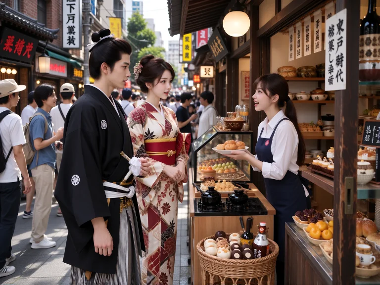 江戸時代の侍の男と侍の妻が東京の下町のお菓子屋でお菓子につい...