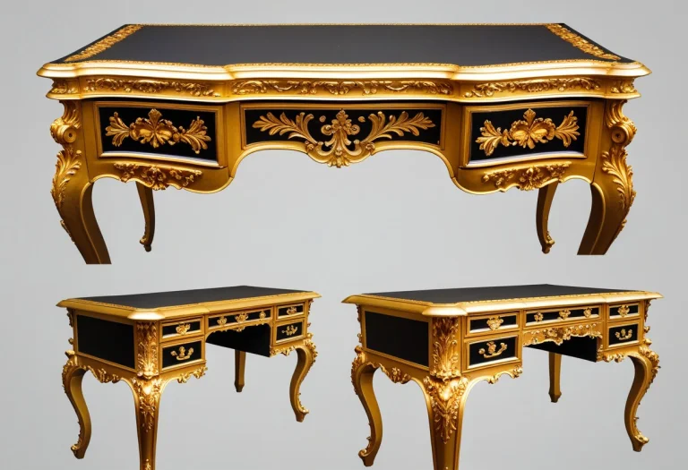 A Gilded Rococo Desk, Multiple Views, Grey Background, High...