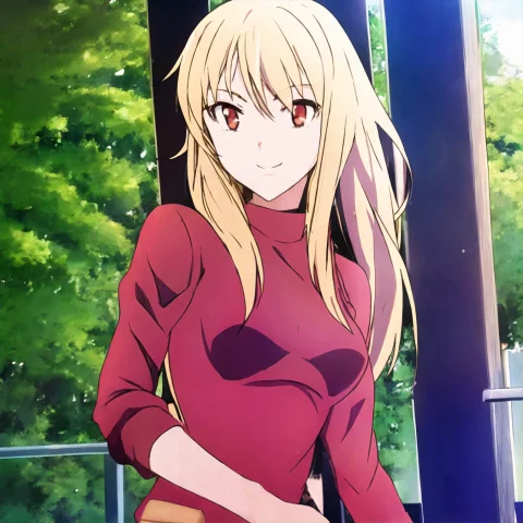 1 Girl, Solo, Blonde Hair, Red Eyes, Jojo Pose, Smilingloras... — Stable Diffusion AI Prompt: 1 girl, solo, blonde hair, red eyes, jojo pose, smiling