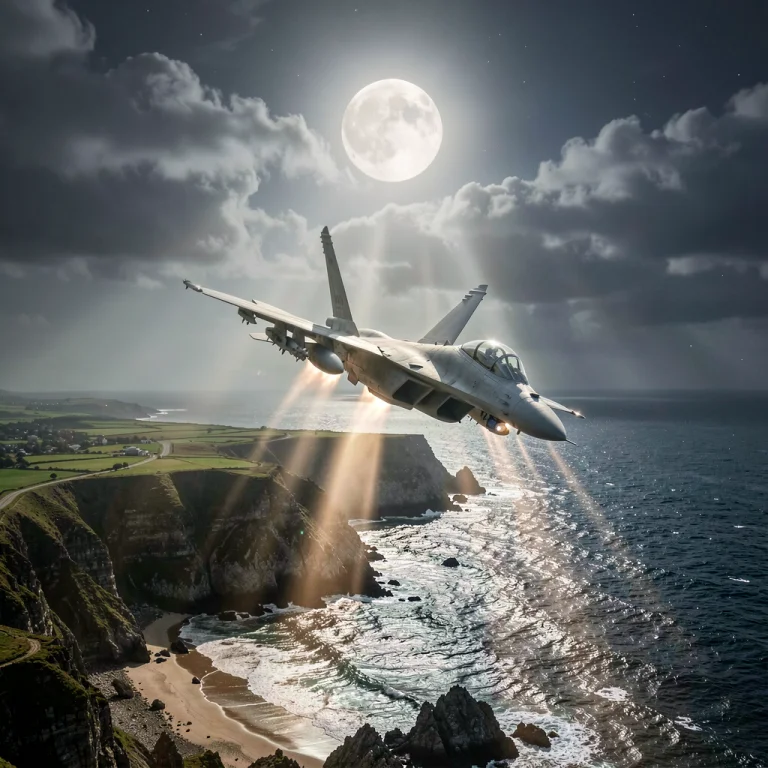 A Fighter Jet Banking Over A Rugged Coastline, Volumetric Go...