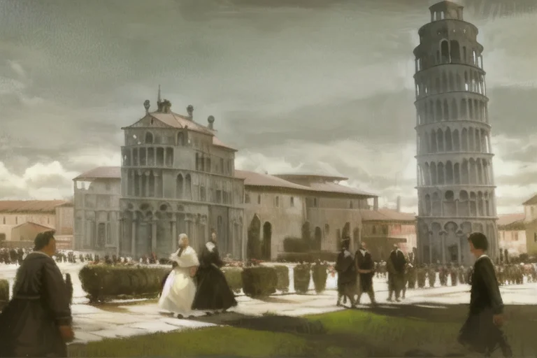 A Painting Of A Group Of People Walking In Front Of A Tower...