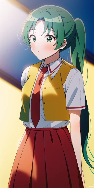 1girl, Ponytail, Green Hair, Long Hair, Green Eyes, School U...