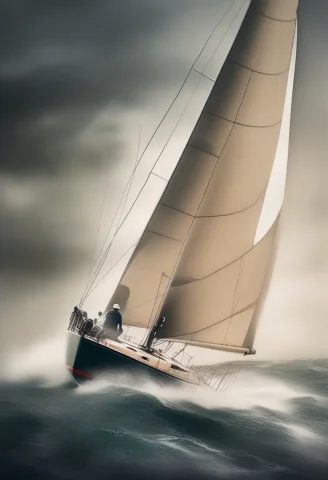 A Racing Yacht Heeling Hard Against The Wind, Storybook Illu... — SDXL AI Prompt: a racing yacht heeling hard against the wind, storybook illustration, low key li...
