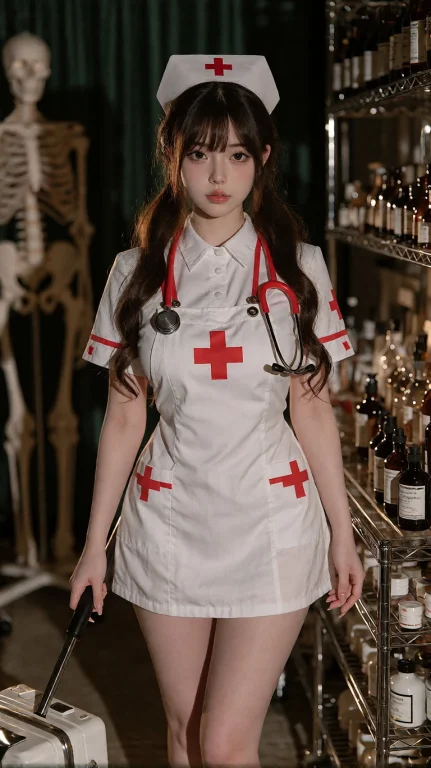 电影级超写实摄影，一名成年女性护士角色，全身站立于复古暗黑风...