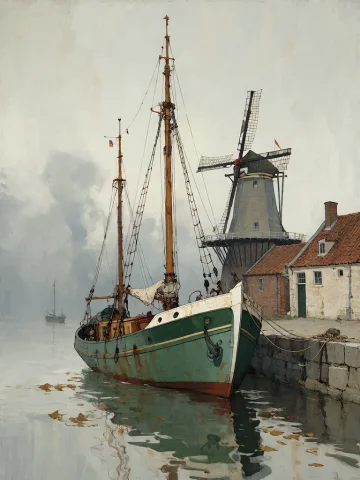 Bradhamel Art Style. A Misty, Atmospheric Harbor Scene Featu... — Stable Diffusion AI Prompt: Bradhamel art style. A misty, atmospheric harbor scene featuring a weathered gre...