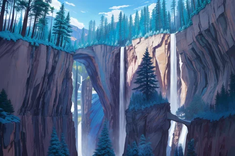 Grand Canyon Waterfall, Blue Trees, No Humans, Popping Color... — Stable Diffusion AI Prompt: Grand Canyon waterfall, blue trees, no humans, popping color,