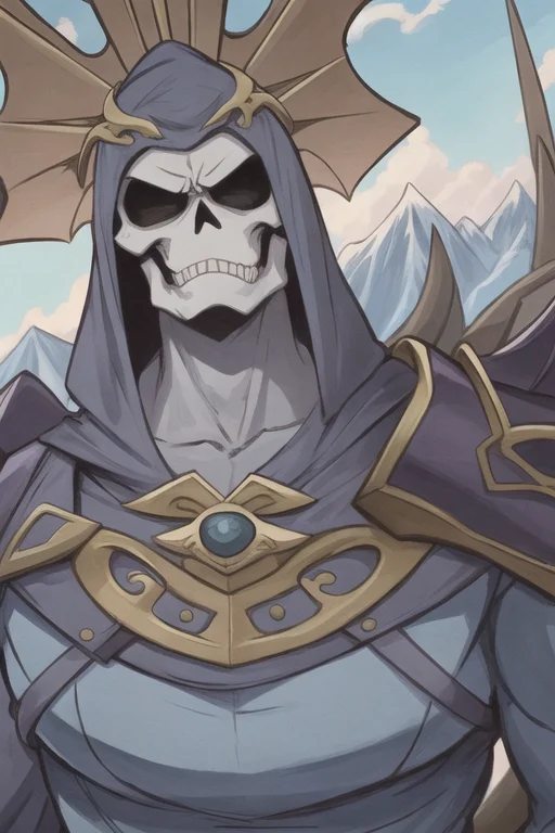 Close Up Of Skeletor, Angry, Snake Mountain In The Backgroun...
