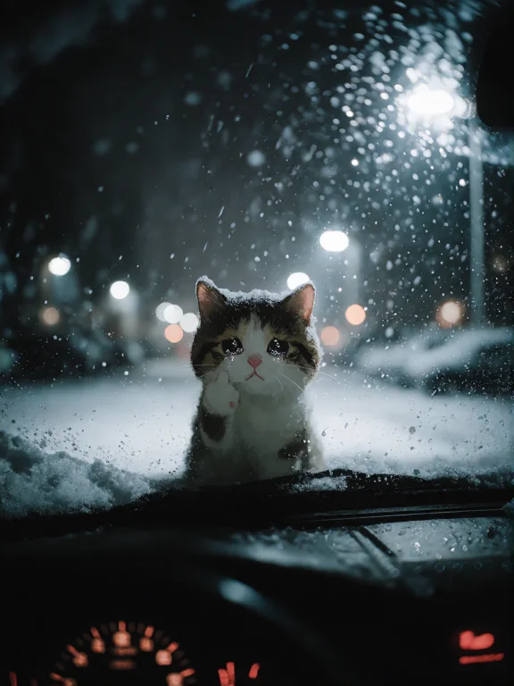 Zidiusart, A Crying Cat Sitting On The Cars Hood Bonnet Behi...